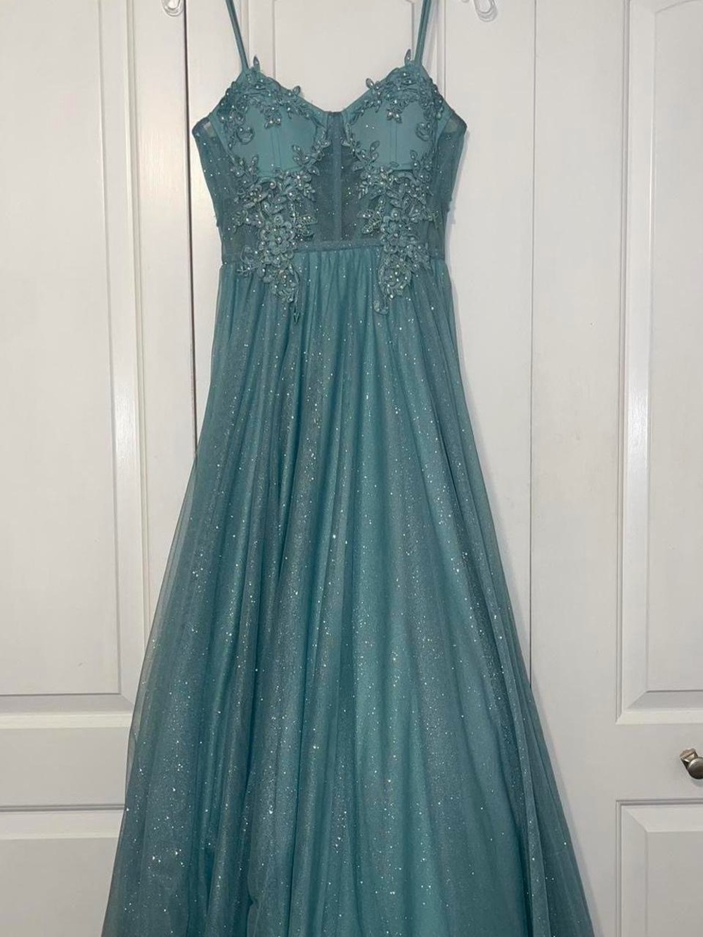 Sleeveless Teal Glitter Prom Dress with Floral Appliqué